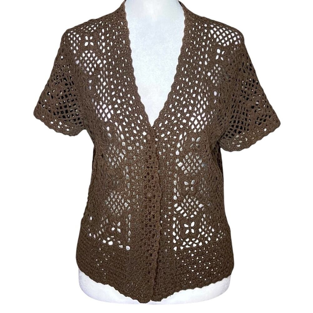 VTG Ann Taylor Chocolate Brown Crochet Knitted Cardigan Sweater L 90s